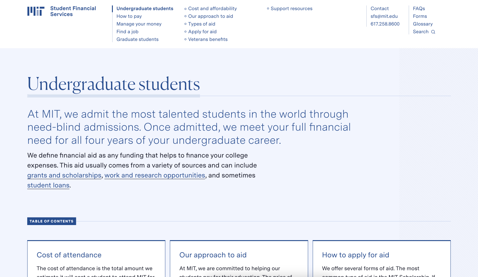 Screenshot from MIT Student Financial Services homepage